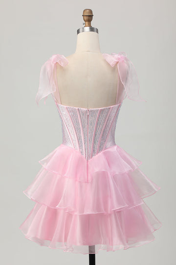 Cute Corset Bow Straps Tiered Pink Homecoming Dress with Beading